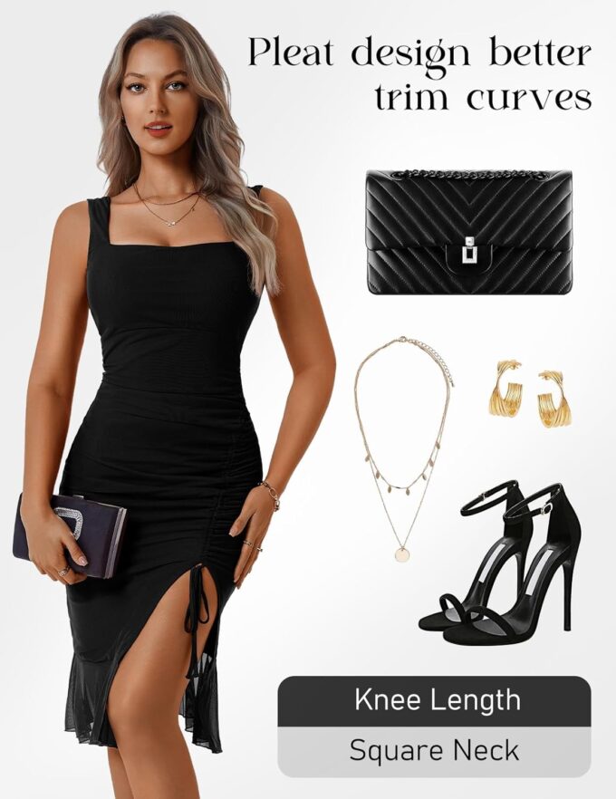 HomRain Women's Sexy Ruched Bodycon Midi Dresses Square Neck Sleeveless Ruffle Hem Cocktail Party Dresses – Bild 6