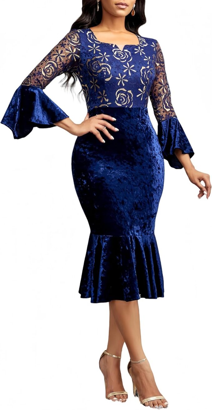 Midi Lace Dress for Women Sexy Bodycon Fishtail Dress Elegance Cocktail Party Banquet Church Outfits – Bild 3