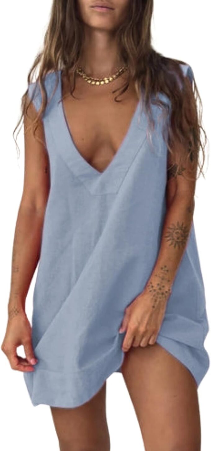 Lviefent Womens Linen Mini Dress Summer Low V Neck Sleeveless Beach Sunshine Cotton Linen Mini Dress