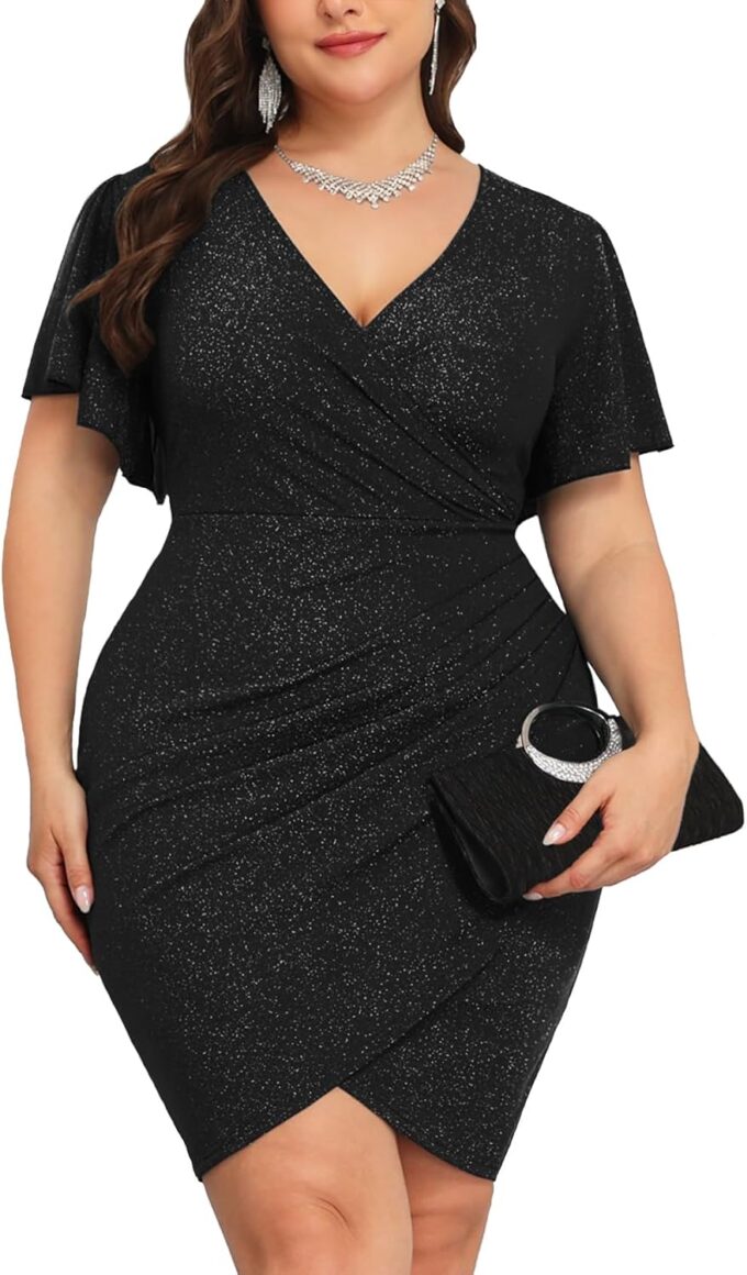 CYCLAMEN 1X-4X Plus Size Sparkle Glitter Ruched Bodycon Mini Wrap Dress Sparkly Sequin Dresses Ruffle Sleeve Party Cocktail