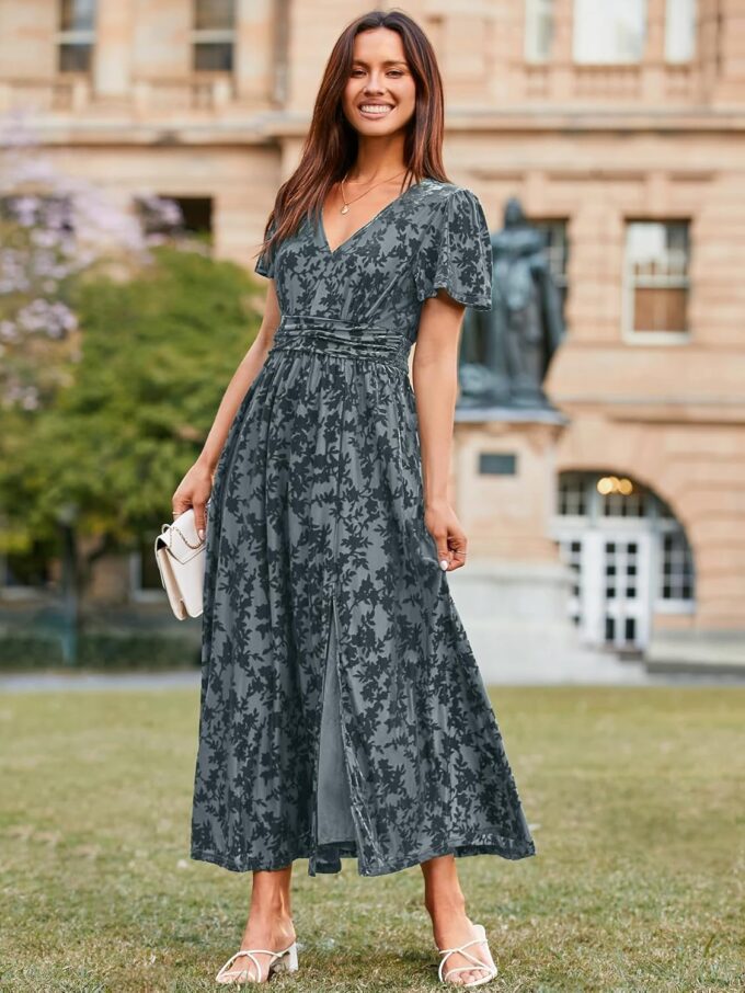 Simplee Women's Velvet Maxi Dress V Neck Short Sleeve Empire Waist Semi Formal Long Cocktail Dresses – Bild 5