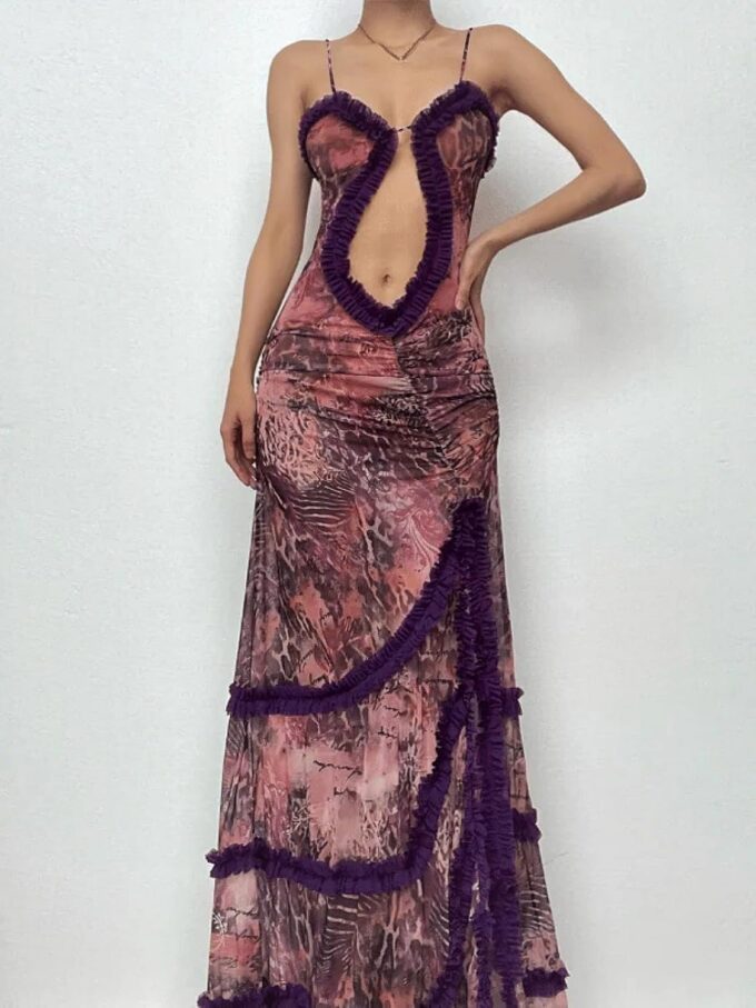 Women's Purple Sleeveless Mesh Dress Sexy Deep V Dress High Slit Maxi Mesh Club Party Dresses – Bild 4