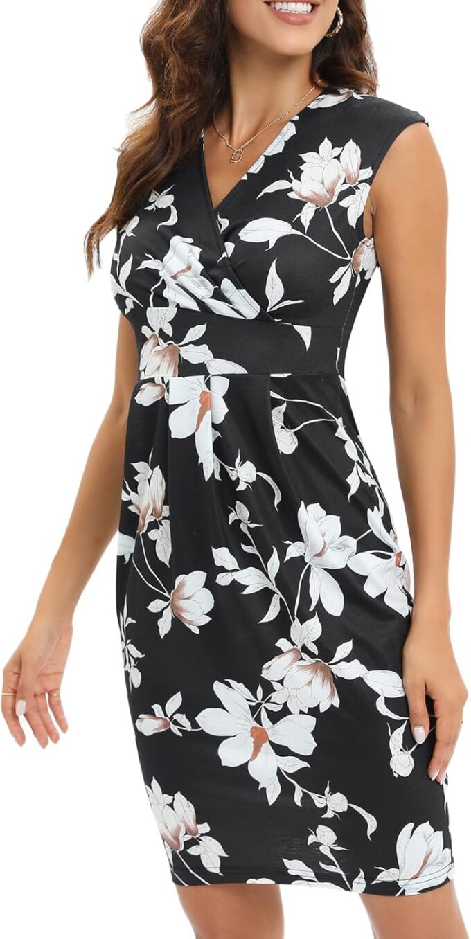 Gabe Fine Damen Vintage V-Ausschnitt Etui Casual Party Arbeit Faux Schwarz Wickelkleid