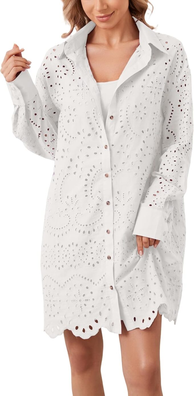 Women Hollow Out Eyelet Button Down Lapel V Neck Long Sleeve Ruffle Flowy Solid Oversized Loose Mini Shirt Dress – Bild 2