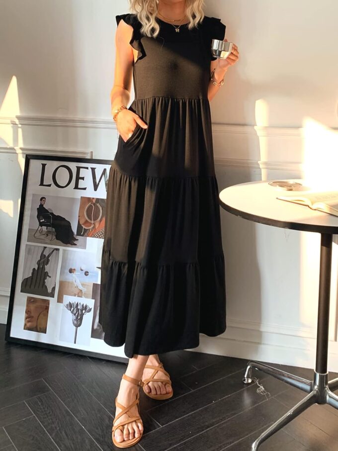 Women's Summer Sleeveless Maxi Dress Ruffle Sleeve Crewneck Tiered Flowy Pleated Casual A Line Sundress with Pockets – Bild 4