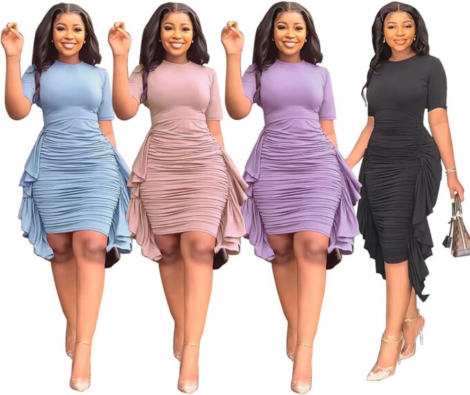 acelyn Women’s Sexy Summer Ruched Bodycon Midi Dress Casual Short Sleeve Ruffle Side Fitted Dresses – Bild 4