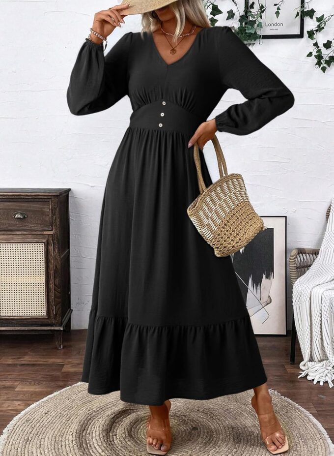Dokotoo Womens Dresses Fashion 2025 Long Sleeve V Neck Maxi Dresses Elegant Casual Flowy Tiered Boho Beach Vacation Outifits – Bild 5