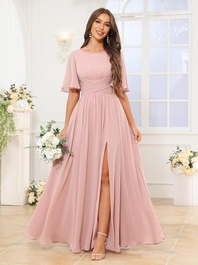 Women's Chiffon Bridesmaid Dresses with Slit Scoop Neck Flutter Sleeve Formal Wedding Guest Dress with Pockets – Bild 4