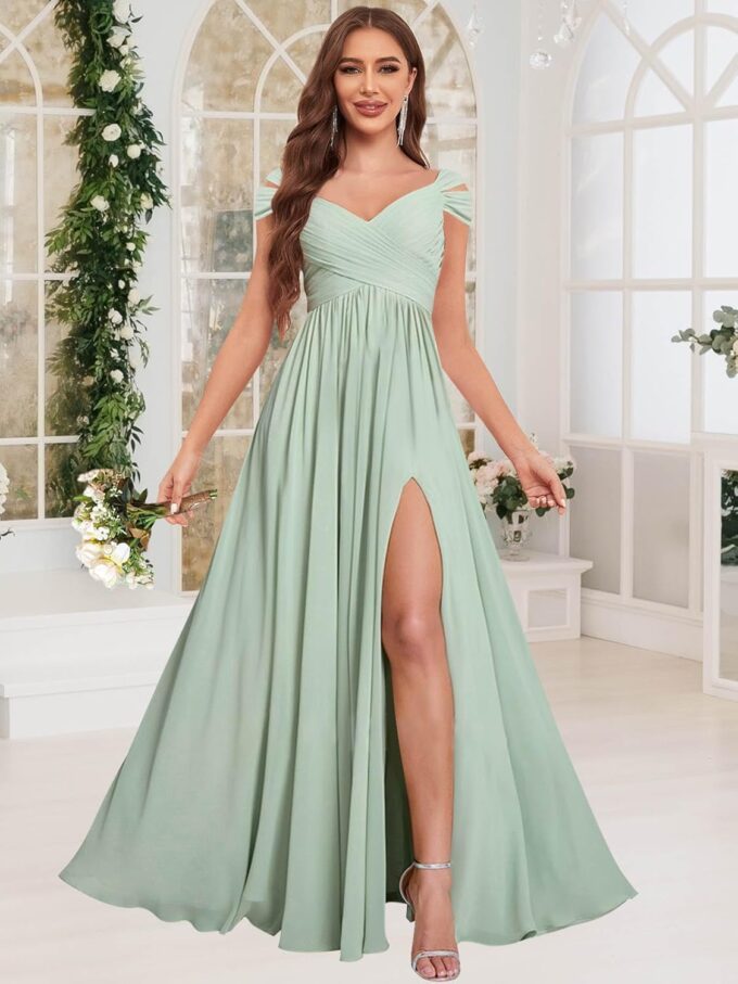Off The Shoulder Bridesmaid Dresses with Slit Pockets Long Pleated Chiffon Formal Evening Dress for Women – Bild 3
