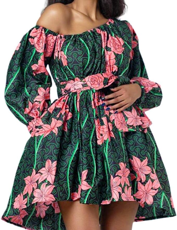 Vimoisa Women Sexy Boho African Short Dress One Shoulder Oblique Neck Dress Pleated Dress Floral Print Long Sleeve Top – Bild 2