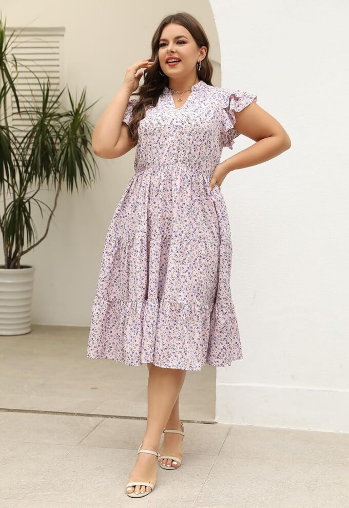 Keluummi Plus Size Wedding Guest Midi Dresses for Curvy Women, Summer Casual Floral Short Sleeve A Line Sundress with Pockets – Bild 6
