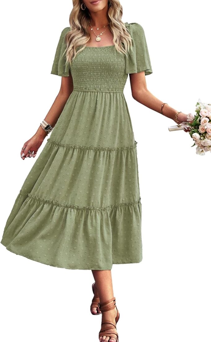 Women's Casual Summer Dress 2025 Square Neck Flutter Sleeve Smocked Tiered Midi Dress Swiss Dot Boho Flowy Dresses – Bild 2