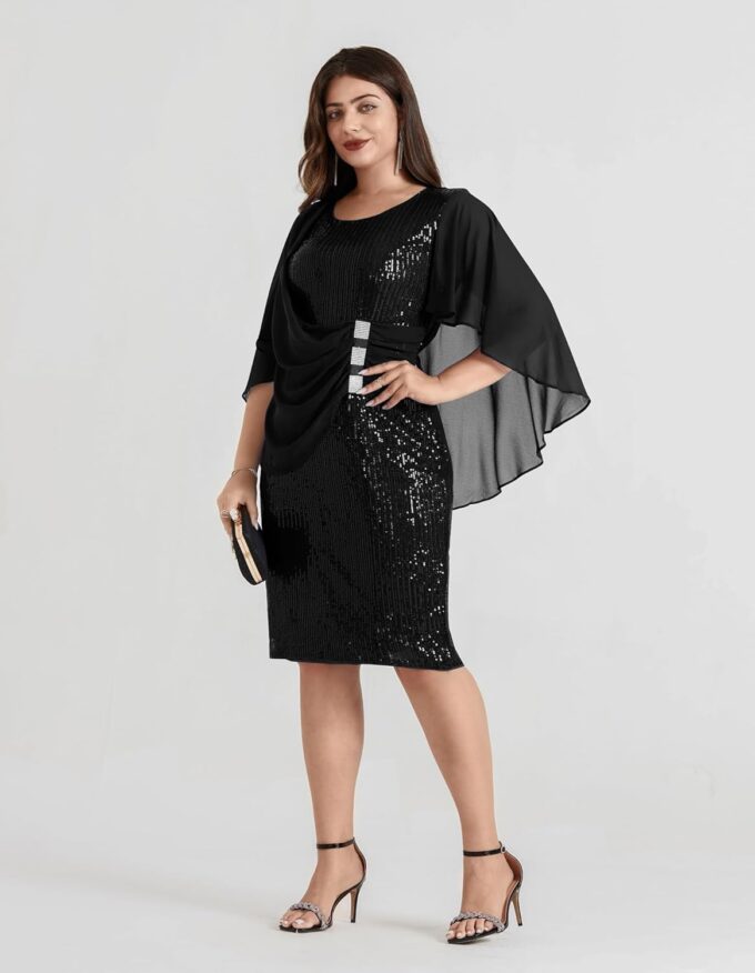 Hanna Nikole 2024 Womens Sequin Party Dress Plus Size Chiffon Cape Sleeve Cocktail Midi Dress – Bild 8