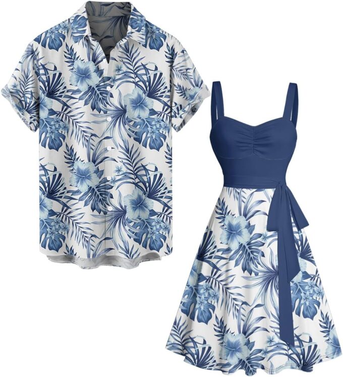 DRESSFO Matchable Couples' Hawaiian Outfit Floral Print Men's Shirt Or Women's Belted Mini Dress – Bild 5