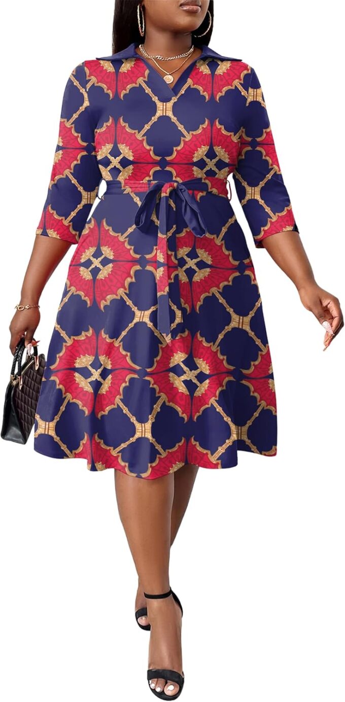 FANDEE Plus Size Midi Dress for Women - Printing Summer Dresses for Wedding Guest Cocktail Party 3/4 Sleeve V Neck（XL-5XL） – Bild 2