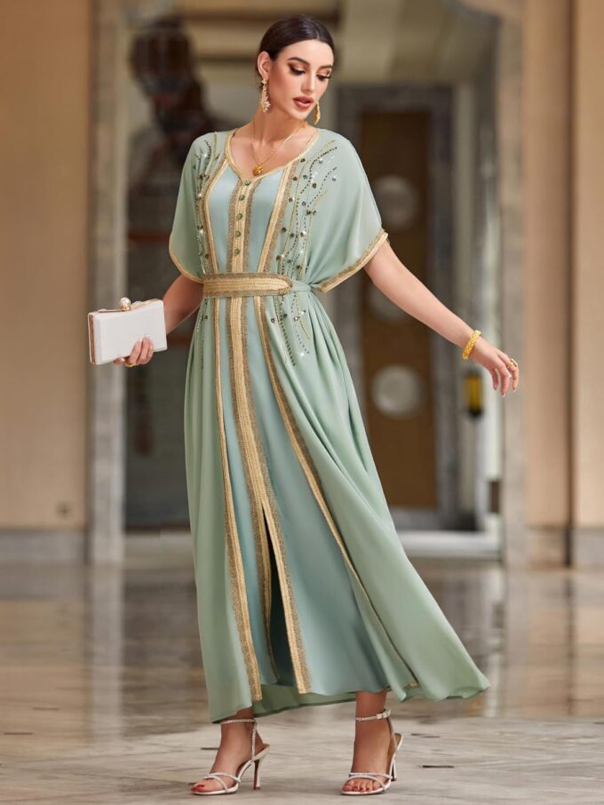 Fancy Maxi Abaya Dress Elegant Mint Green Muslim Dress with Gold Beaded Embellishments, V-Neck, Short Butterfly Sleeves – Bild 6