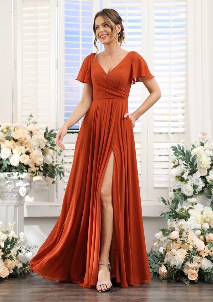 SEIM Women's Flutter Sleeve Bridesmaid Dresses Long with Slit V Neck Chiffon Formal Dresses SE036 – Bild 2