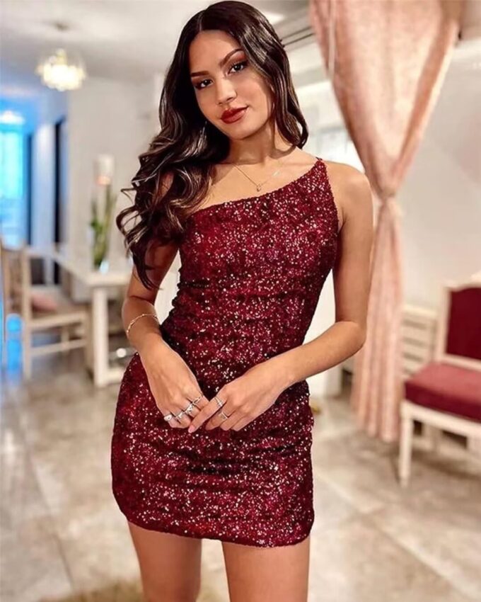 Women's Bodycon Homecoming Dress for Juniors Sequin One Shoulder Backless Mini Cocktail Party Dress – Bild 3