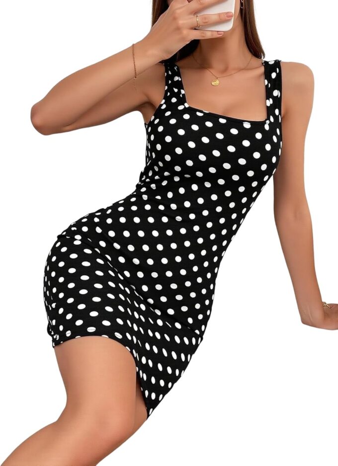 SOFIA'S CHOICE Polka Dot Dress for Women Vintage Square Neck Sleeveless Bodycon Short Dress – Bild 5
