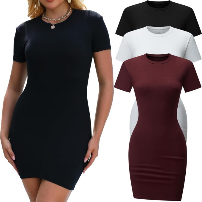 3 Pack Summer Dresses for Women 2025 Crew Neck Short Sleeve Wrap Dress Beach Vacation Mini Bodycon T Shirt Dress