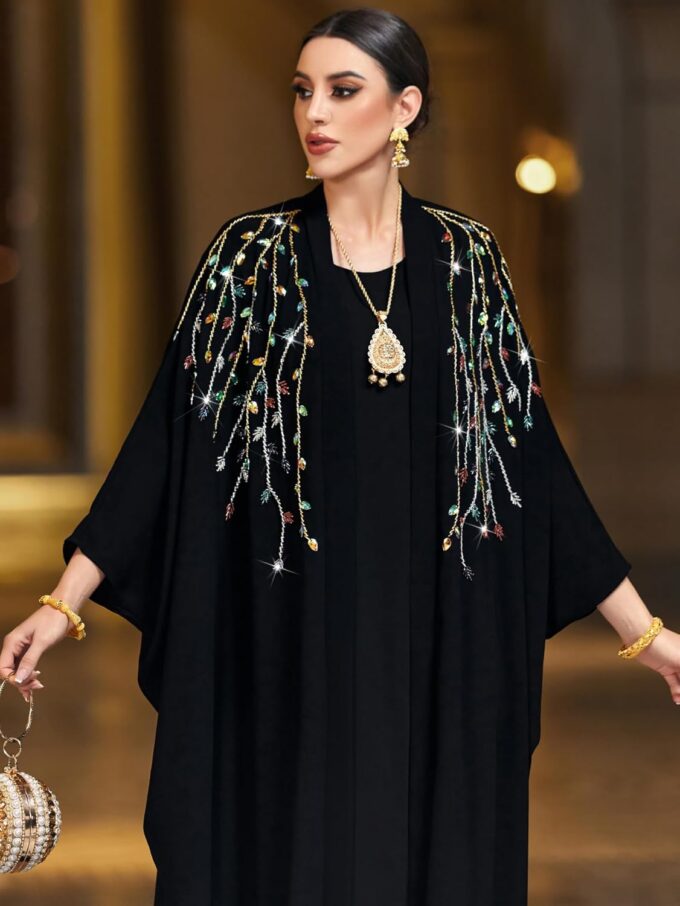 Handmade Beaded Black Kaftan Abaya Dress, Bat Sleeve, NO INNER, Loose Fit Robe for Party, Evening Gathering – Bild 2