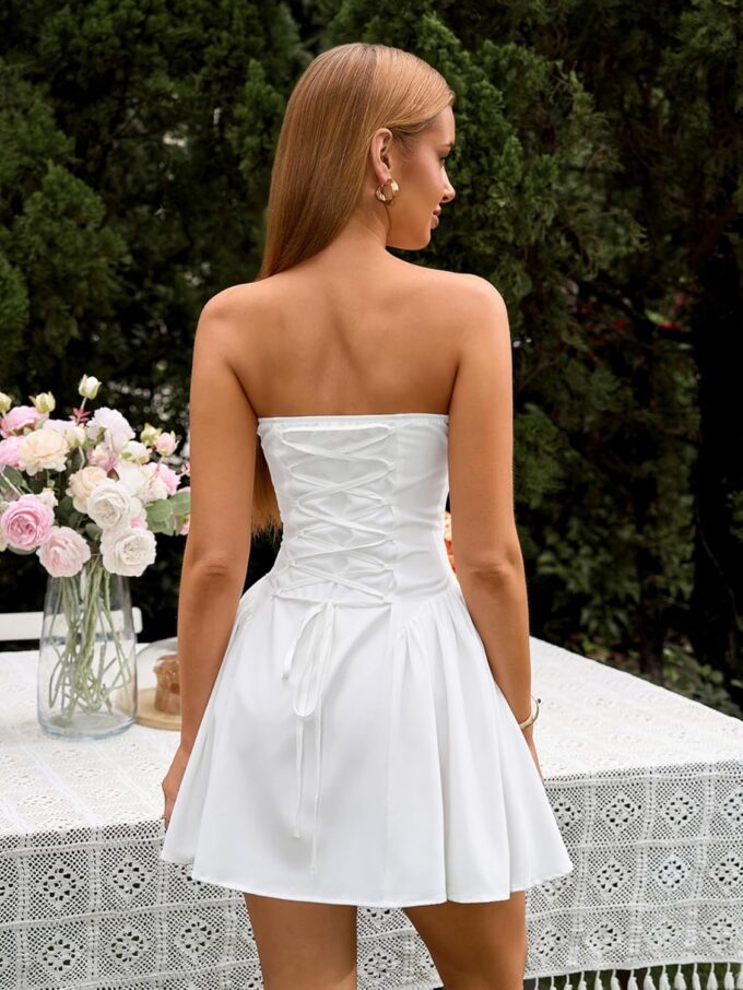 Women Strapless Mini Dress Off Shoulder Corset A Line Flowy Going Out Party Beach Short Sundress – Bild 3