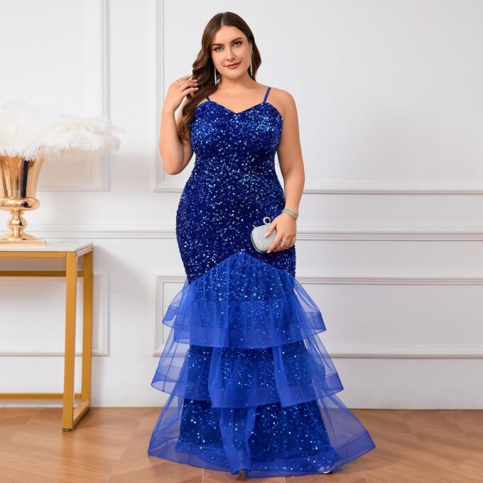 Women Sexy Sleeveless Sequin Mesh Patchwork Maxi Dress Red Plus Size Sling Cocktail Party Formal Gowns – Bild 3