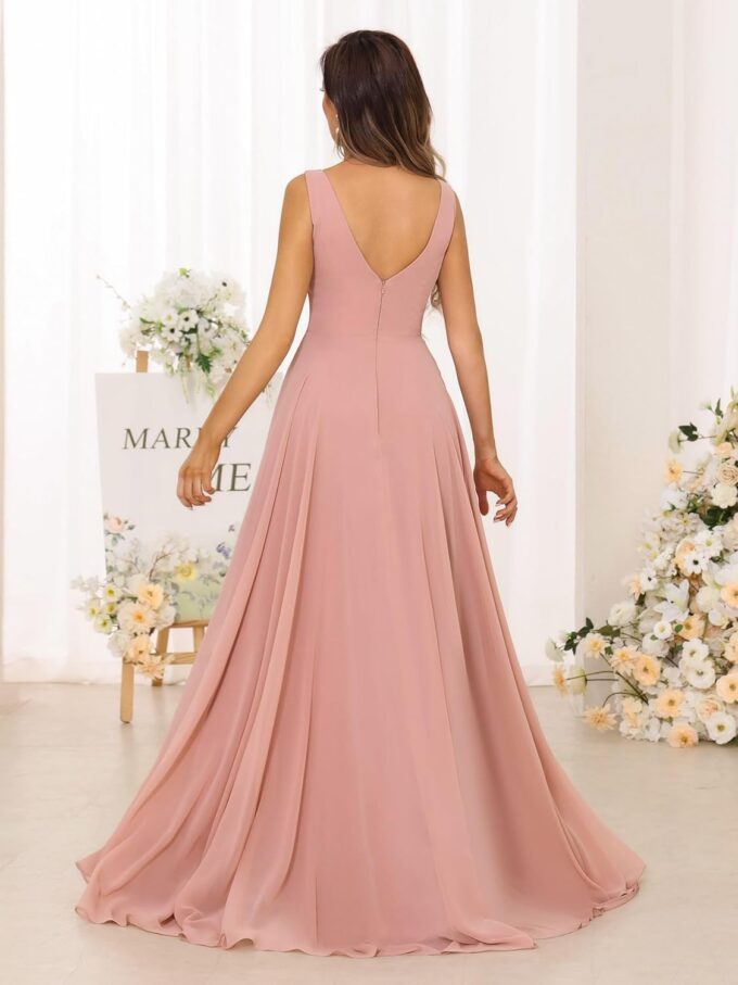 Women Chiffon Long Formal Wedding Guest Dresses with Pocket V Neck Sleeveless Ruched Maxi Bridesmaid Dress with Slit – Bild 2