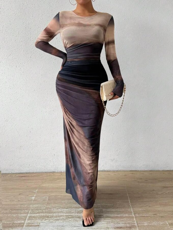Women's Printed Bodycon Maxi Dress Long Sleeve Tie Dye Mesh Layered Dress – Bild 3