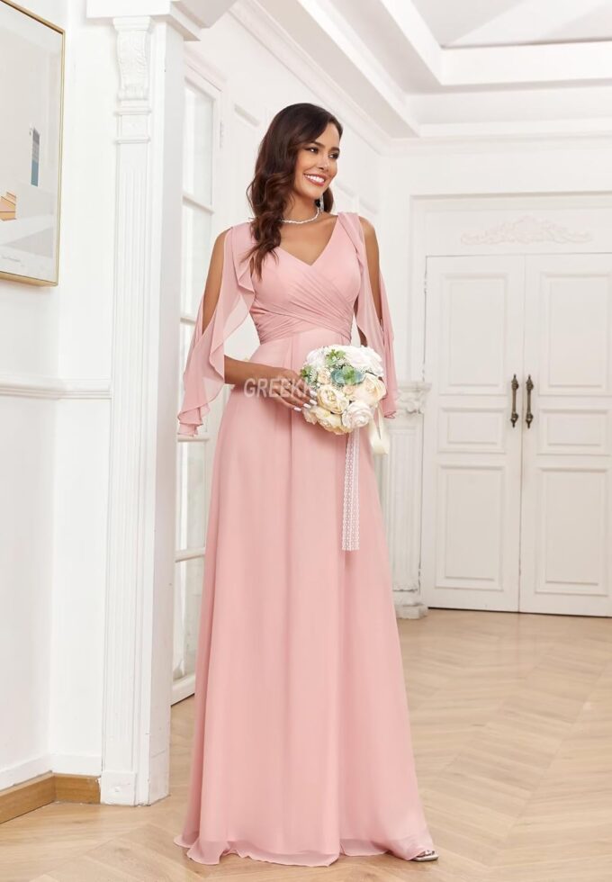 Cold Shoulder Bridesmaid Dresses with Sleeves for Women V Neck Chiffon A Line Pleated Formal Evening Gown – Bild 4
