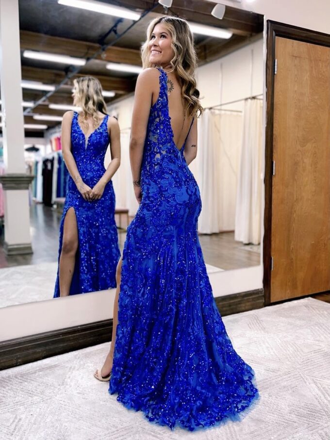 GUKARLEED Women's Sequin Prom Dresses with Slit Sparkly Lace Appliques V Neck Formal Dress Long Mermaid Wedding Guest Dress – Bild 5