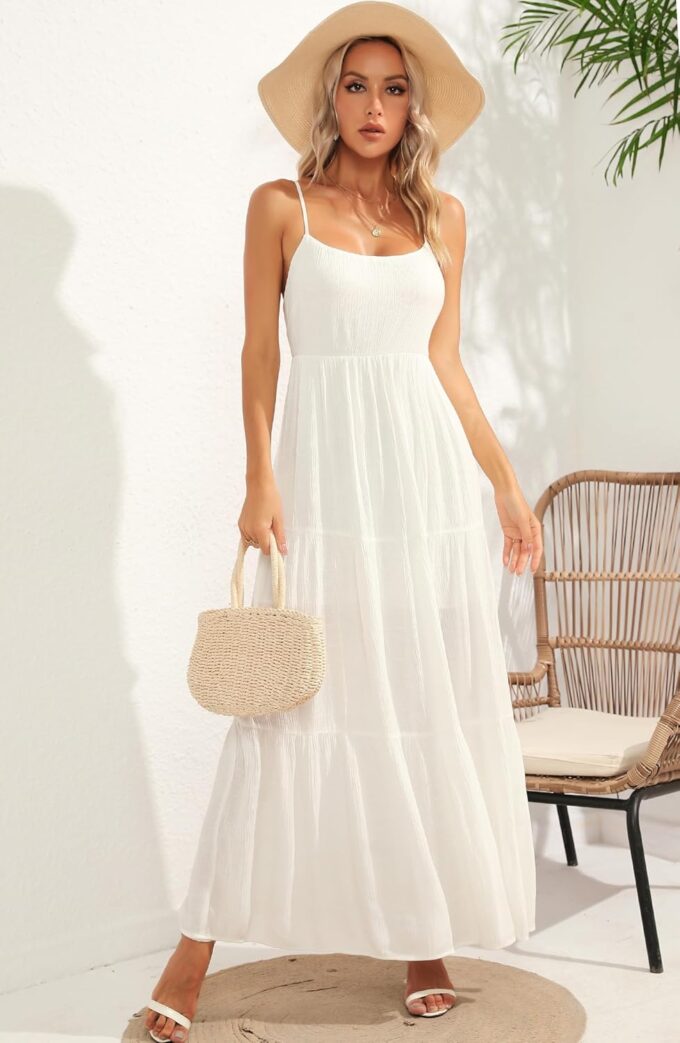 ALENDA DANMOS Women's Spaghetti Straps Maxi Dress Flowy Pleated Swing Beach Long Dress Low Backless Sundress 189 – Bild 4