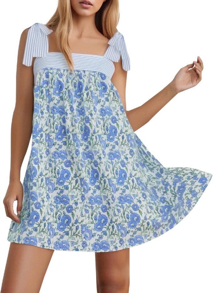 Women Y2k Tie Shoulder Mini Dress Sleeveless Flowy Babydoll Dress Boho Floral Aline Short Sundress