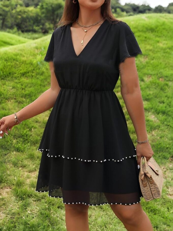 ZNU Plus Size Women’s Cocktail Dresses Studded Draped Double Hem Prom Dress Elegant V-Neck Short Sleeve A-Linen Dresses – Bild 5