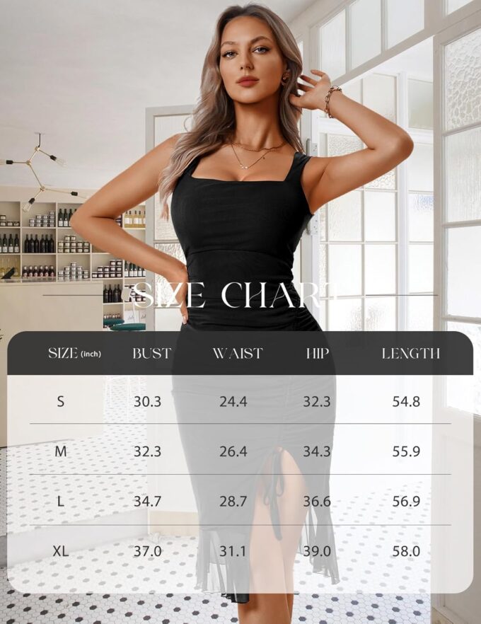 HomRain Women's Sexy Ruched Bodycon Midi Dresses Square Neck Sleeveless Ruffle Hem Cocktail Party Dresses – Bild 5