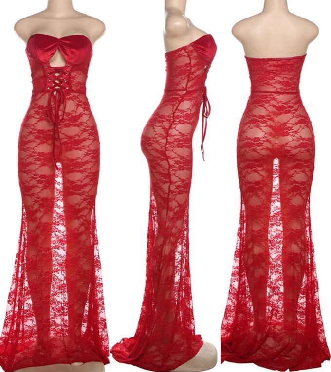Sexy Strapless Lace Maxi Dress See Through Sleeveless Bodycon Tube Sheer Mermaid Dress Evening Party Gowns Dresses – Bild 6
