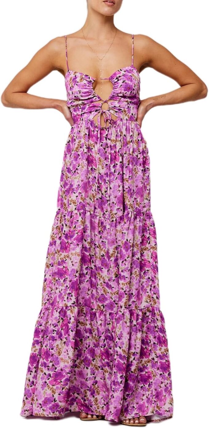 Aopwsrlyi Women Summer Sleeveless Backless Spaghetti Strap Long Floral Dress Sexy Cut Out Smocked Flowy Maxi Dress