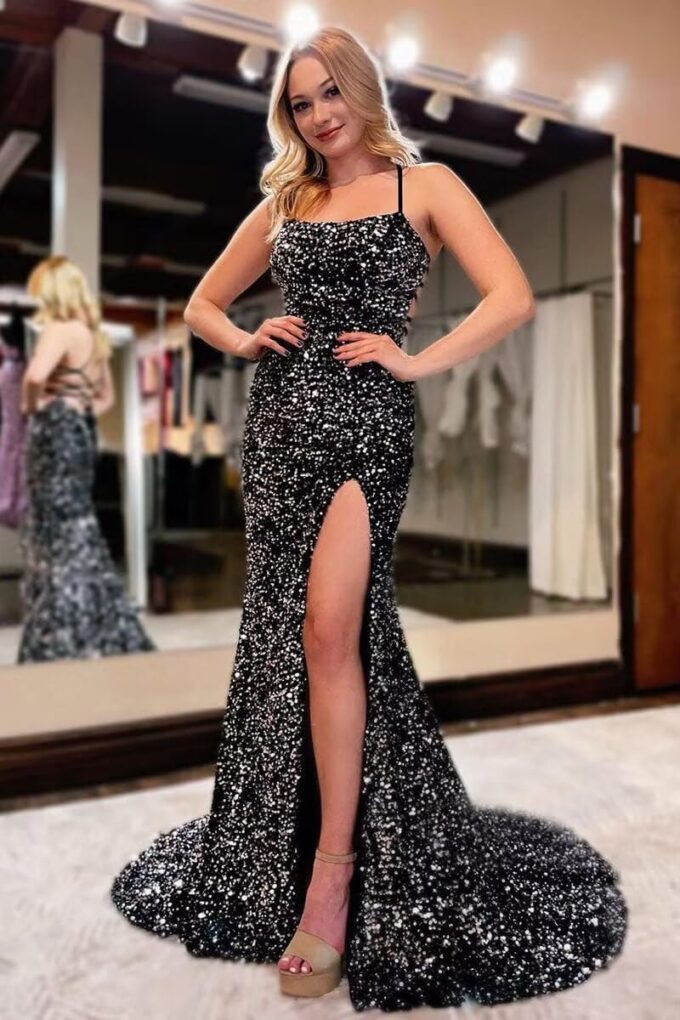 Sequin Mermaid Prom Dresses for Women 2025 Spaghetti Straps Formal Dress with Slit Long Sparkly Evening Party Gowns – Bild 6