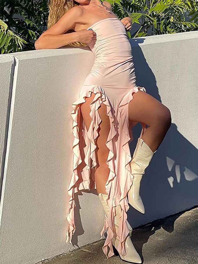 Women Summer Elegant Strapless Tube Midi Bodycon Dresses Irregular Ruffle Tassel Party Dress – Bild 5
