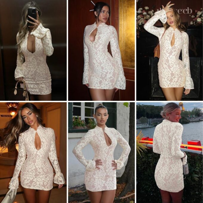 Women's Sexy Lace Long Flare Sleeve Hollow Out Mini Dress Half High Collar Bodycon Short Dresses for Party Club – Bild 5