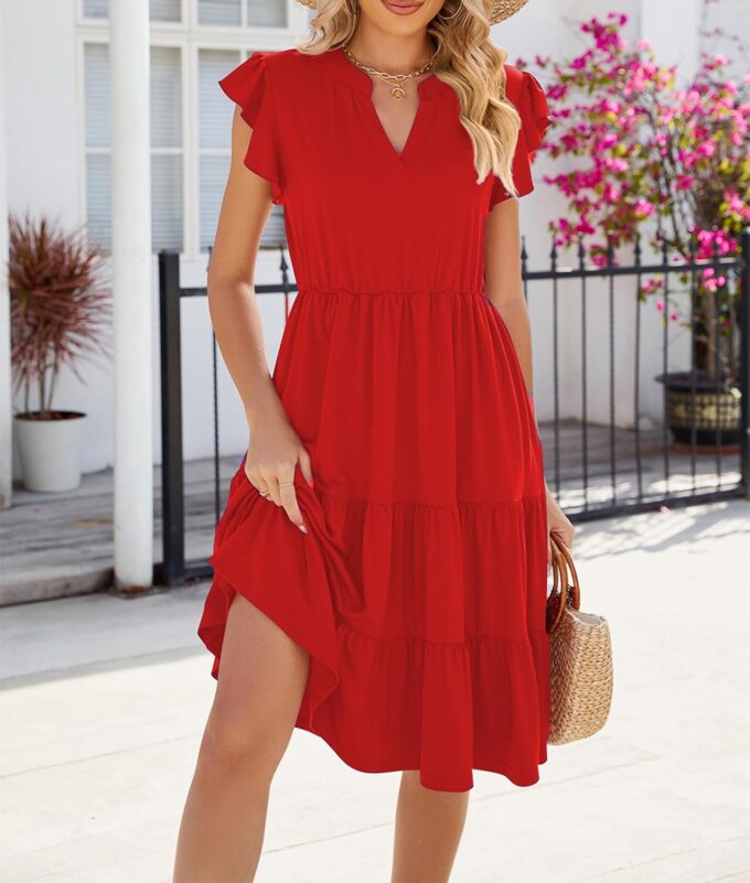 Womens Summer Dress Ruffle Sleeve V Neck Midi Dresses Casual Fit Flowy Tiered Boho Beach Vacation Sundress – Bild 6