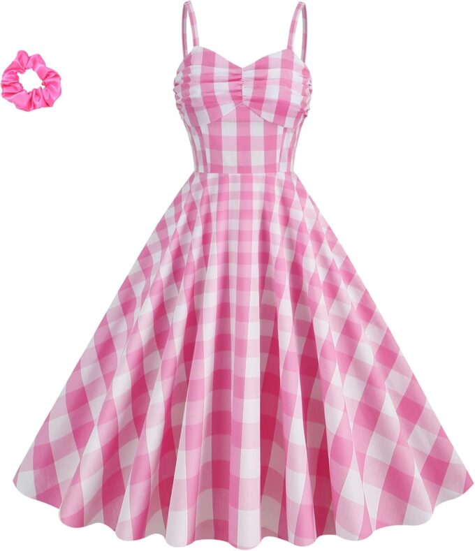 Pink Gingham Dress for Women Vintage Rockabilly 1950s Spaghetti Strap A-Line Swing Midi Cocktail Party Pageant Dress