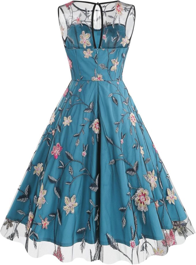 Floral Embroidered Dress for Women Sleeveless Keyhole Floral Mesh Dress Vintage Cocktail Tea Party Embroidered Tulle Dress – Bild 2