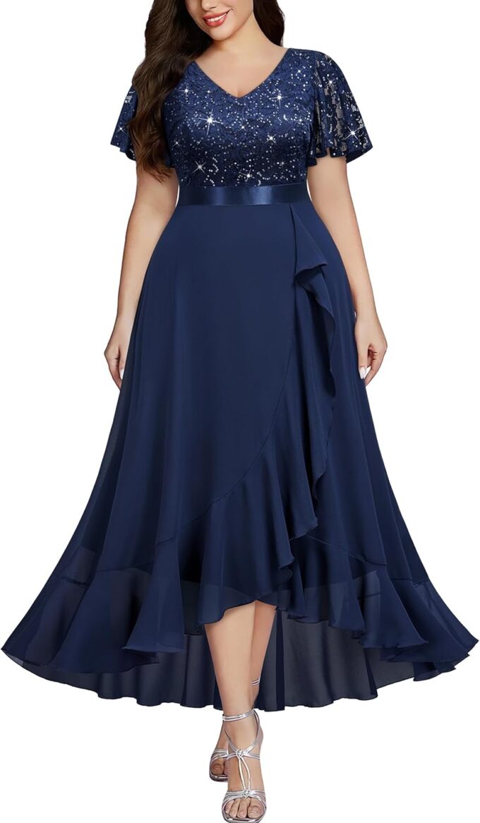 MISSMAY Women's Plus Size V Neck Sequin Lace Butterfly Sleeves Formal Evening Party Long Dress