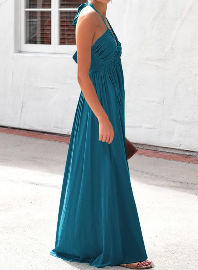 Maxi Chiffon Dresses for Women 2025 Sexy Halter V Neck Backless Smocked High Waisted A Line Beach Vacation Sundress – Bild 4