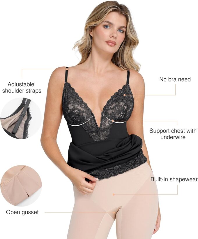 Popilush Women Lace Shapewear Midi Dress 2025 V neck Bodycon Corset Cocktail Party Date Night Dresses – Bild 4