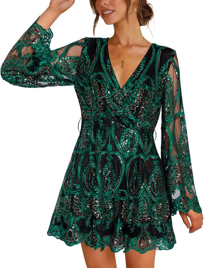 Women's Sequin Dress Long Sleeve Deep V Neck Embroidery Event Party Cocktail Mini Skater Dresses – Bild 3