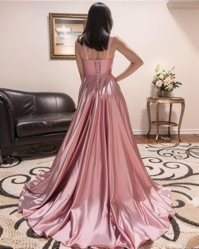 Stylefun Women's Satin A Line Bridesmaid Dresses with Slit Long Square Neck Formal Cocktail Party Dress with Pockets CYM297