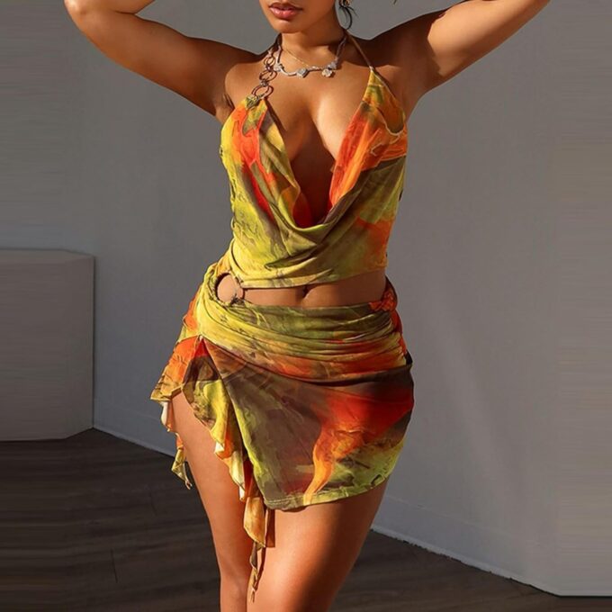 Women Sexy Halterneck Mini Dress Hollow Out Colourful Mesh Floral Dress for Beach Party Night – Bild 3