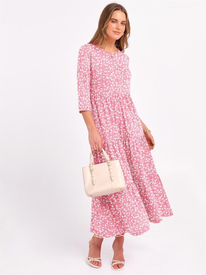 Prinbara Women's 3/4 Sleeve Casual Maxi Floral Dresses 2025 Fall Crewneck A-line Tiered Flowy Summer Boho T Shirt Long Dress – Bild 4